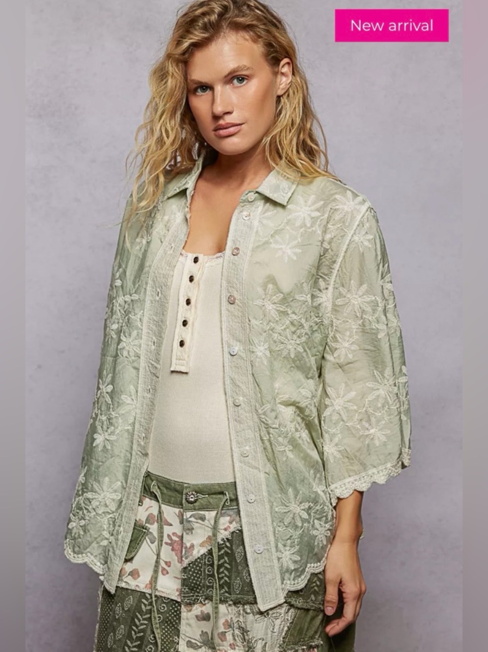 POL Embroidered Floral Scalloped Button Down Shacket - Picture 5 of 5